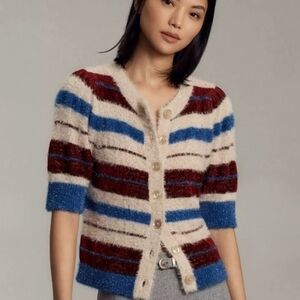 Anthropologie x Maeve Striped Fuzzy Button-Front Cardigan Sweater In Burgundy